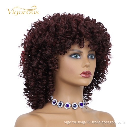 Glueless Short Manufacturers Wholesale With Bang Hot Selling Wine Red Bob Cut Heat Resistant Kinky Synthetic Wigs Curly